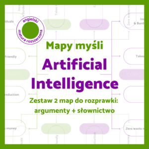 Mapy myśli „Artificial Intelligence” – zestaw 2 map do planowania rozprawki po angielsku: argumenty za i przeciw oraz słownictwo tematyczne.