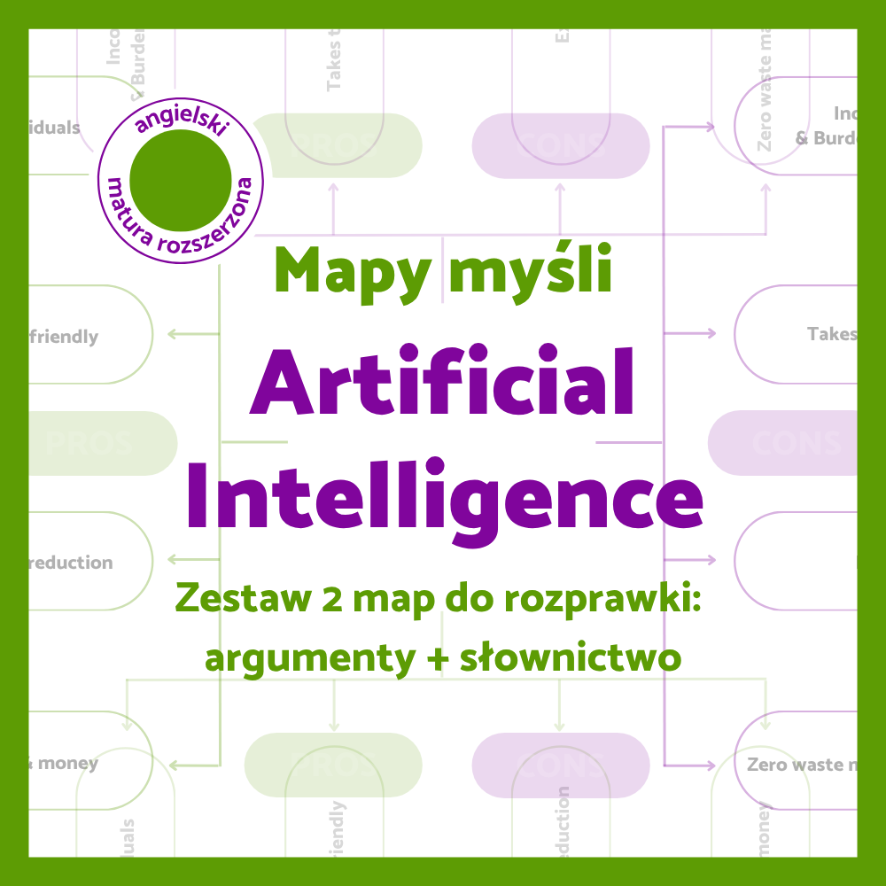 Mapy myśli „Artificial Intelligence” – zestaw 2 map do planowania rozprawki po angielsku: argumenty za i przeciw oraz słownictwo tematyczne.