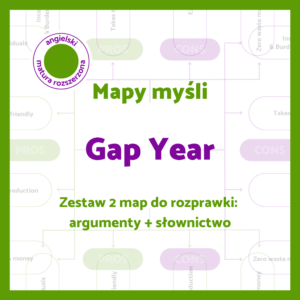 Mapy myśli „Gap Year” – zestaw 2 map do planowania rozprawki po angielsku: argumenty za i przeciw oraz słownictwo tematyczne.